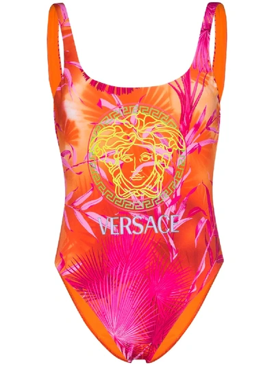 Versace Jungle Logo Print Swimsuit In 粉色