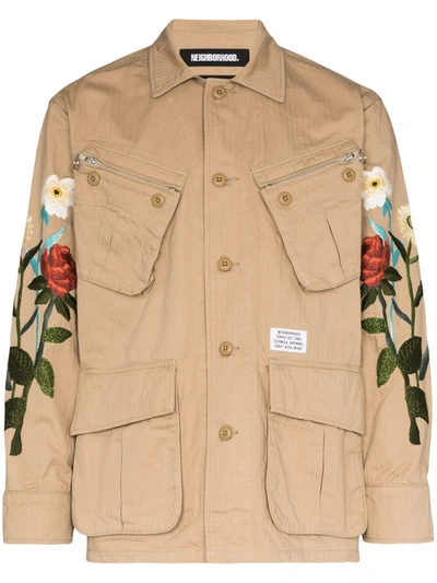 Neighborhood Floral-embroidered Shirt Jacket In Green