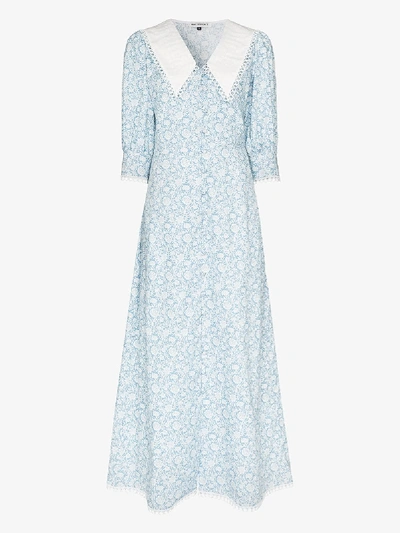 Masterpeace Oversized Collar Floral Print Cotton Maxi Dress In Blue