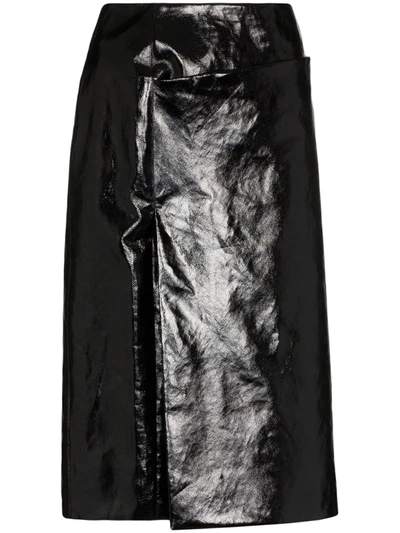 Lemaire High Waist Coated Linen Midi Skirt In Black