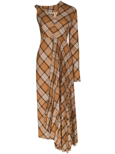 A.w.a.k.e. Brown Checked Asymmetric Pleated Midi Dress