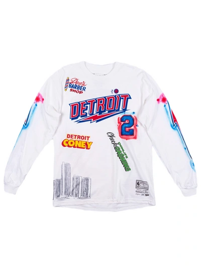 Pre-owned Mitchell & Ness  X Big Sean X Detroit Pistons Long Sleeve T-shirt White