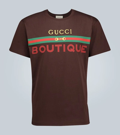Gucci Boutique Printed Cotton T-shirt In Brown