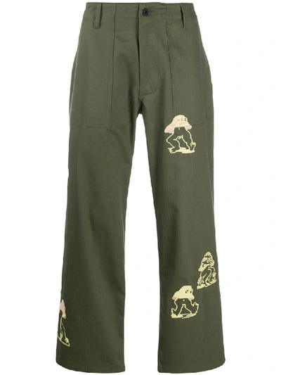 Brain Dead Embroidered Mushroom Flared Trousers In Green
