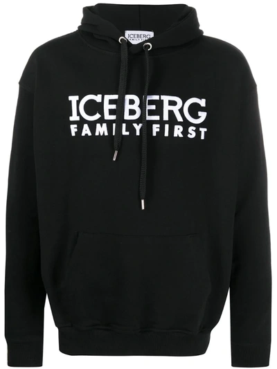 Iceberg Logo Drawstring Hoodie In Black
