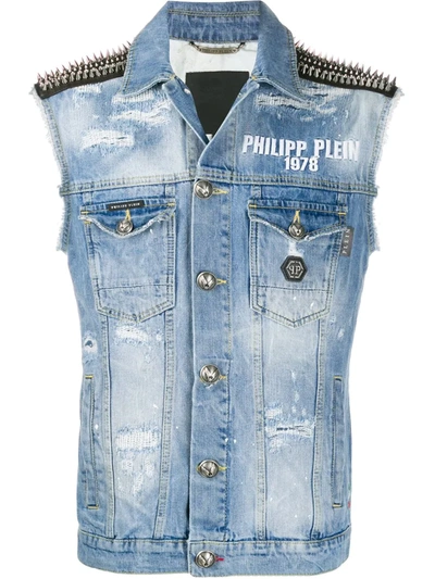 Philipp Plein Studded Shoulder Denim Waistcoat Jacket In Blue