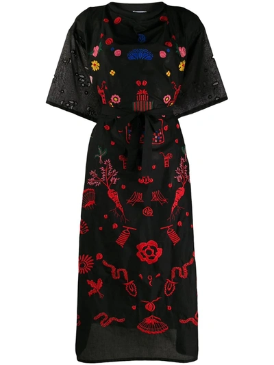 Anntian Embroidered Silk Midi Dress In Black
