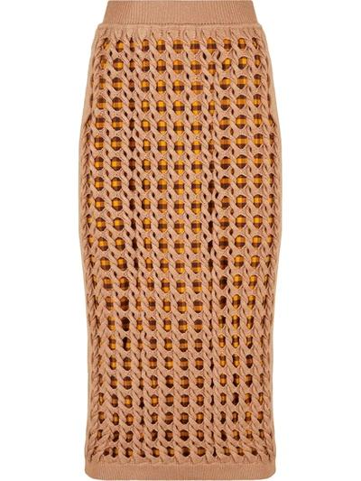 Fendi Open-knit Fitted Skirt In Beige