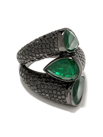 Monan 18kt Black Gold Diamond Emerald Stacked Ring