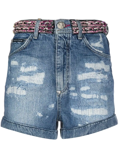 Philipp Plein Rhinestone-embellished Denim Shorts In Blue