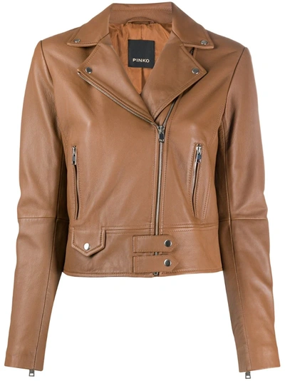 Pinko Sensibile Leather Biker Jacket In Brown