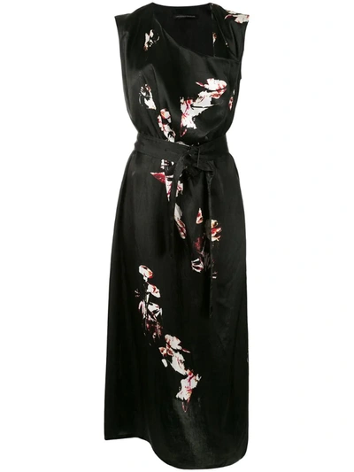 Y's Draped Floral Midi Dress In Black