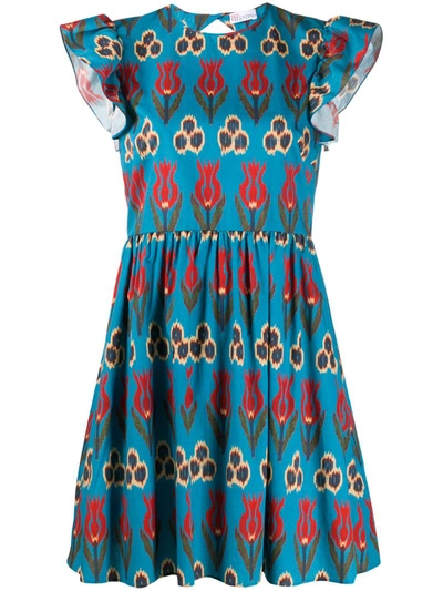Red Valentino Floral Print Flared Dress In Blue