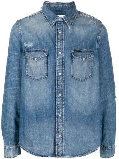 Calvin Klein Jeans Est.1978 Distressed Long-sleeved Denim Shirt In Blue