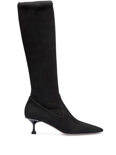 Miu Miu Stretch Kitten-heel Boots In Black