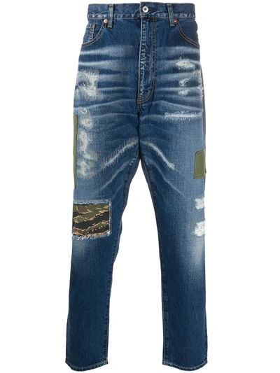 Junya Watanabe Patchwork Distressed Jeans In Blue