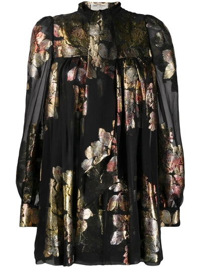 Saint Laurent Floral Jacquard Silk Mini Dress In Black