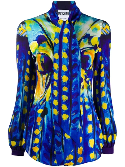 Moschino Painted-print Pussy-bow Blouse In Blue