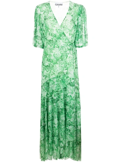 Ganni Rose Print Midi Dress In Green