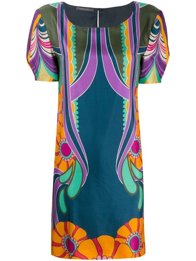 Alberta Ferretti Flowers Reflection Silk Dress In Blue