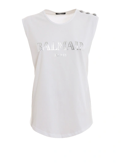 Balmain Logo Print White Cotton Tank Top