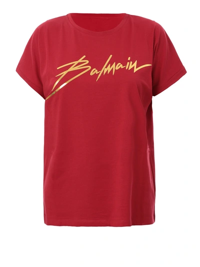 Balmain Logo Lettering Red Cotton T-shirt