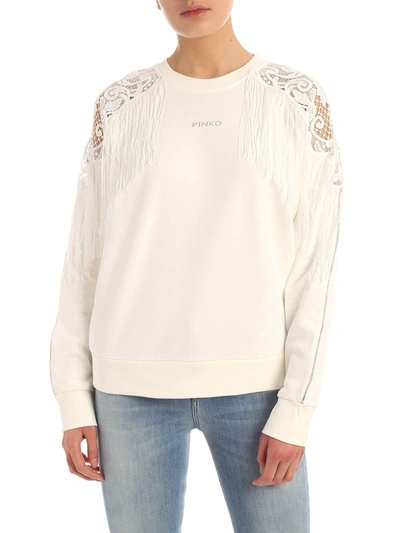 Pinko Omelette Lace Detailed Fringed Sweatshirt In White
