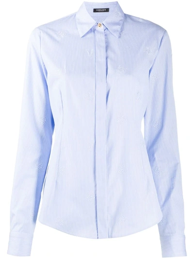 Versace Rose-embroidered Striped Shirt In Blue