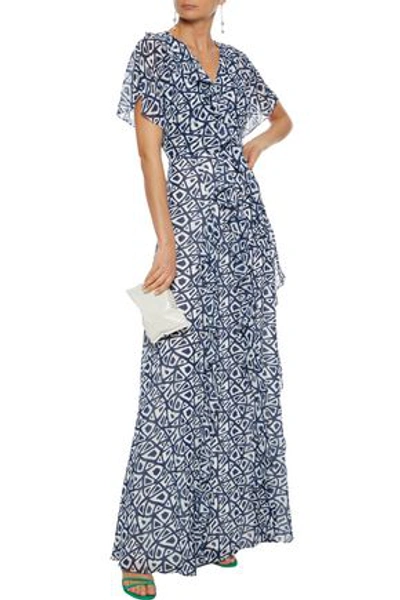 Mikael Aghal Ruffled Printed Georgette Maxi Dress In Navy | ModeSens