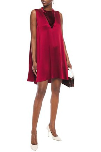 Valentino Cutout Velvet-paneled Crepe De Chine Mini Dress In Crimson