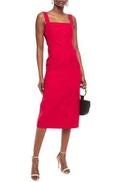 Valentino Floral-appliquéd Wool And Silk-blend Midi Dress In Red
