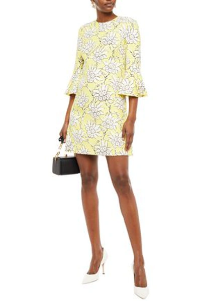 Valentino Fluted Floral-print Wool And Silk-blend Mini Dress In Pastel Yellow