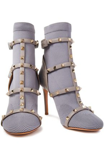 Valentino Garavani Rockstud Leather-trimmed Stretch-knit Sock Boots In Gray