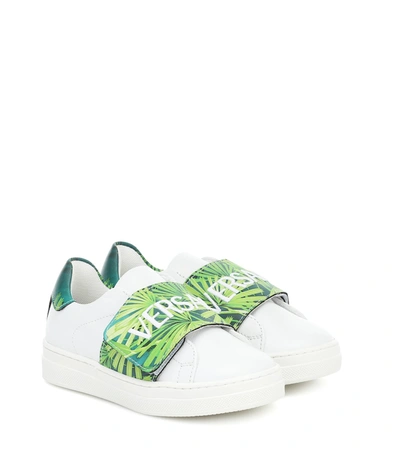 Versace Kids' Jungle Logo Leather Strap Sneakers In White