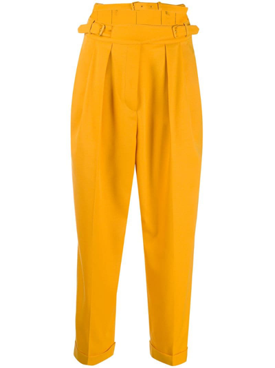 Pushbutton Structured Cool Wool Straight Pants In Yellow