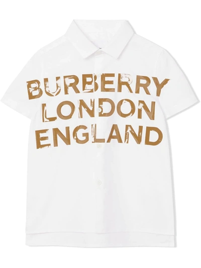 Burberry Kids' Logo Print Cotton Poplin Shirt In White