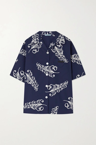 Prada Printed Cotton Poplin Bowling Shirt In Blue