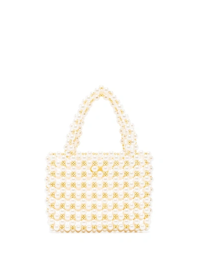 Vanina White Pearl Mist Beaded Tote Bag