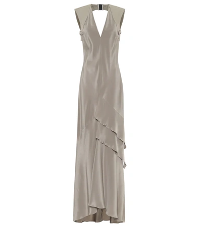 Max Mara Fluid Silk Long Dress W/ Ruffles In Grey