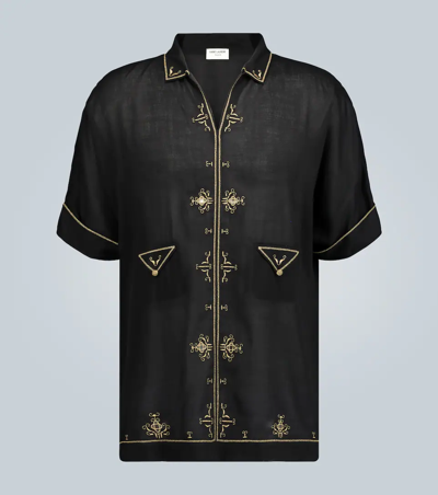 Saint Laurent Short-sleeved Embroidered Shirt In Black
