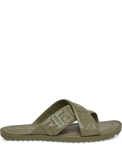 Fendi Embossed Ff Motif Flat Sandals In Green