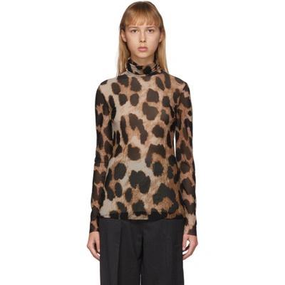 Ganni Leopard-print Mesh Turtleneck Top In 994 Maxi Le | ModeSens