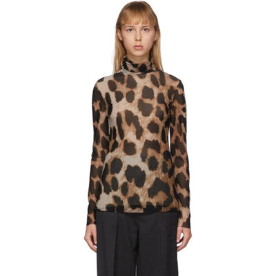 Ganni Leopard-print Mesh Turtleneck Top In Maxi Leopard