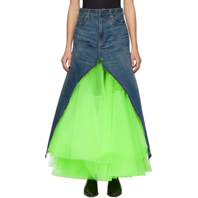 Junya Watanabe Blue And Green Denim Long Skirt In 1 Indigo