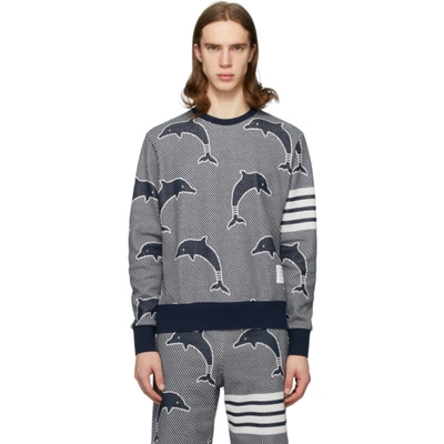 Thom Browne Dolphin Cotton Jacquard Sweatshirt In 415 Navy