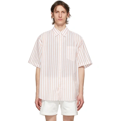 Schnayderman’s Schnaydermans White And Orange Silk Striped Short Sleeve Shirt In Terracotta And White