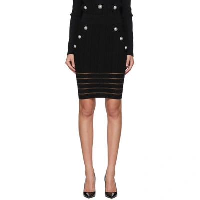 Balmain Sheer Striped And Buttoned Viscose Stretch Skirt In Black