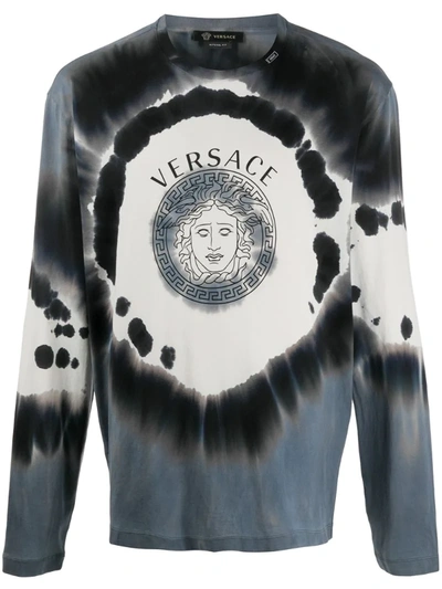 Versace Men's Tie-dye Medusa Logo Long-sleeve T-shirt In Blue Multi