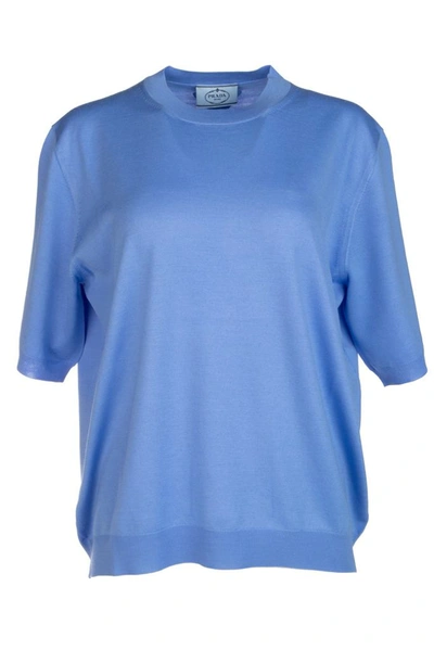 Prada Short Sleeves Pullover In Azzurro