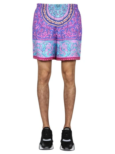 Versace Shorts In Seta Con Stampa Le Pop Classique In Lilac